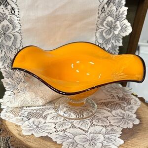 Teleflora Gift Orange Pedestal Glass Floral Bowl Art Glass
